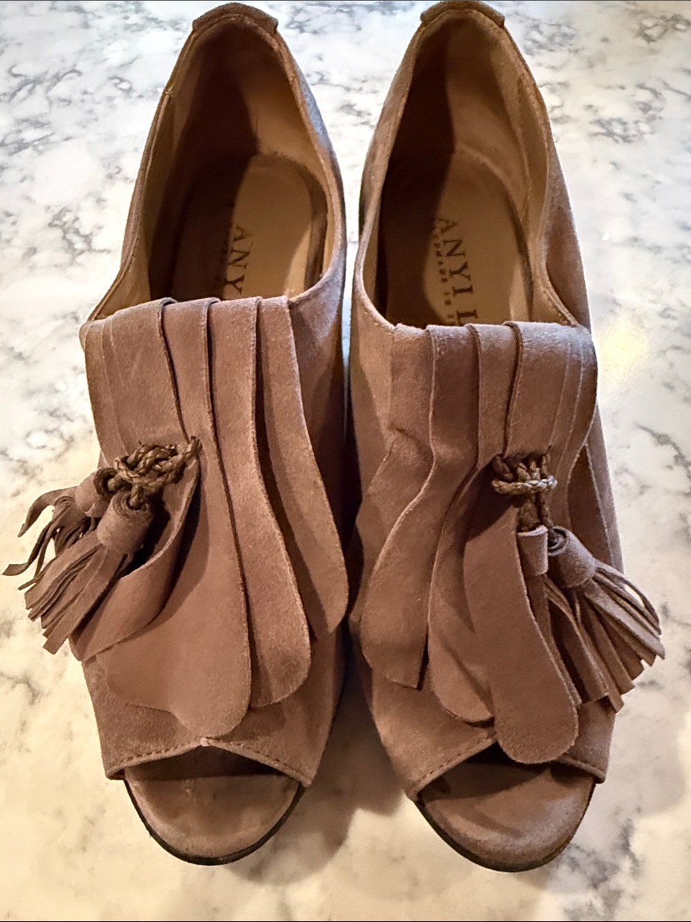 Anyi Lu Taupe Suede Peep-Toe Tassel Wedges